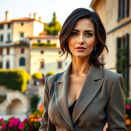 A 40-year-old woman with dark hair and captivating Italian features, elegantly dressed in a fashionable outfit that highlights her refined style