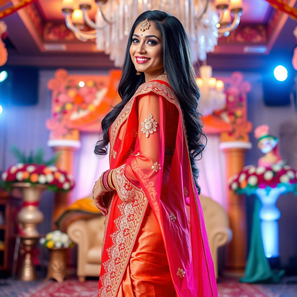 A strikingly beautiful tall Indian woman dressed in a stunning traditional wedding outfit, showcasing vibrant colors and intricate embroidery