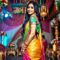 A strikingly beautiful tall Indian woman dressed in a stunning traditional wedding outfit, showcasing vibrant colors and intricate embroidery