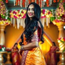 A strikingly beautiful tall Indian woman dressed in a stunning traditional wedding outfit, showcasing vibrant colors and intricate embroidery