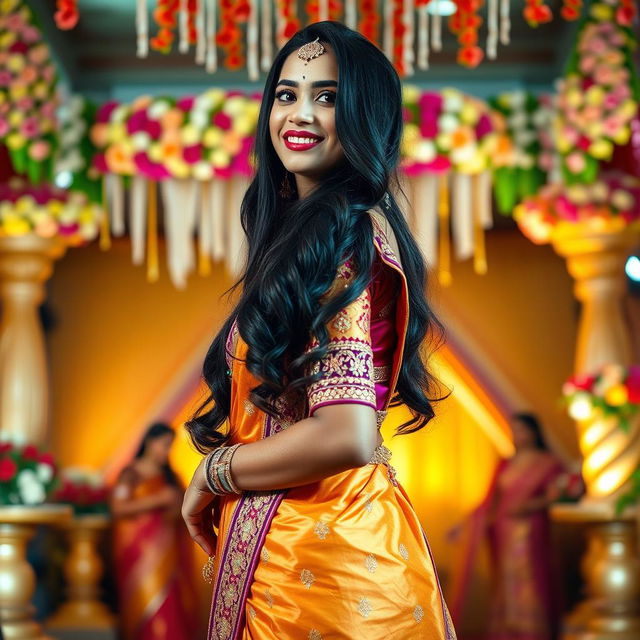 A strikingly beautiful tall Indian woman dressed in a stunning traditional wedding outfit, showcasing vibrant colors and intricate embroidery