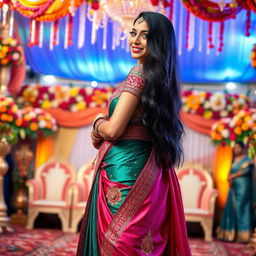 A strikingly beautiful tall Indian woman dressed in a stunning traditional wedding outfit, showcasing vibrant colors and intricate embroidery