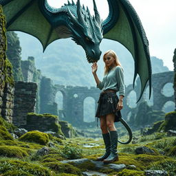 A fantastical scene set in the eastern continent of Essos, depicting the ruins of the ancient city of Ny Sar, overgrown with lush moss and grass