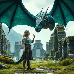 A fantastical scene set in the eastern continent of Essos, depicting the ruins of the ancient city of Ny Sar, overgrown with lush moss and grass