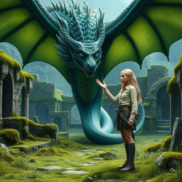 A fantastical scene set in the eastern continent of Essos, depicting the ruins of the ancient city of Ny Sar, overgrown with lush moss and grass
