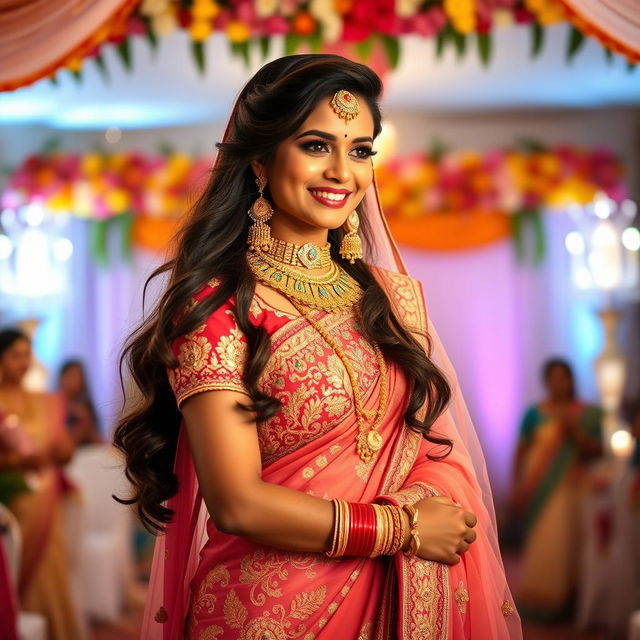 A stunning tall Indian woman at a wedding, exuding charm and confidence