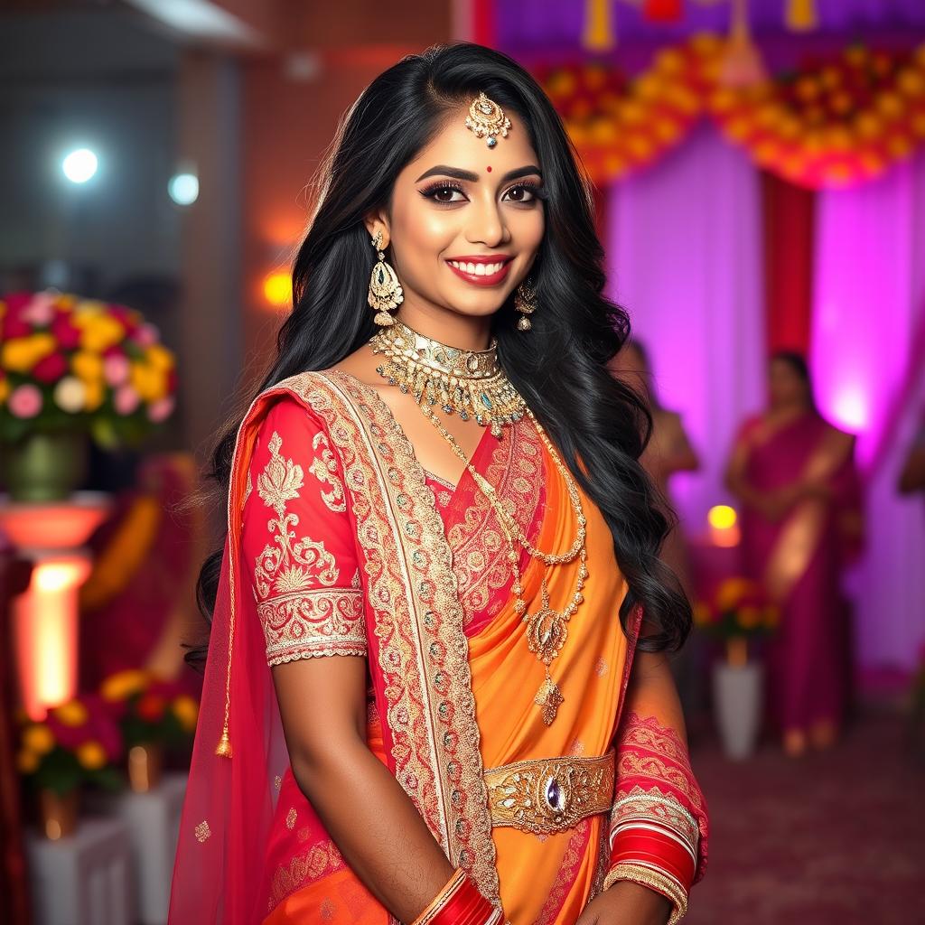 A stunning tall Indian woman at a wedding, exuding charm and confidence