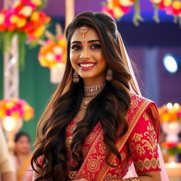 A stunning tall Indian woman at a wedding, exuding charm and confidence
