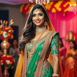 A stunning tall Indian woman at a wedding, exuding charm and confidence