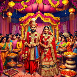 A vibrant and colorful scene depicting the wedding of Arjun and Draupadi