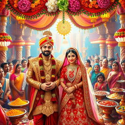A vibrant and colorful scene depicting the wedding of Arjun and Draupadi