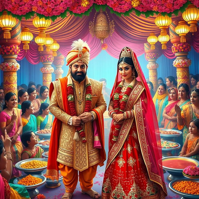 A vibrant and colorful scene depicting the wedding of Arjun and Draupadi