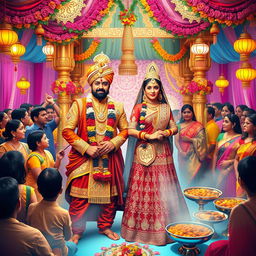 A vibrant and colorful scene depicting the wedding of Arjun and Draupadi