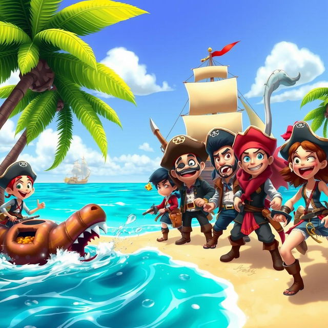 A dynamic scene featuring a diverse group of pirates from a vibrant and animated world, showcasing their signature outfits, adventurous spirit, and distinctive hairstyles