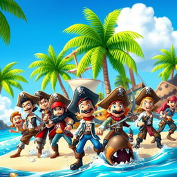 A dynamic scene featuring a diverse group of pirates from a vibrant and animated world, showcasing their signature outfits, adventurous spirit, and distinctive hairstyles