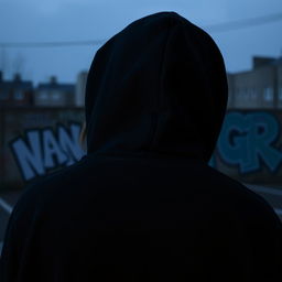 A person wearing a black hoodie, facing away from the camera, with their head turned slightly to the side to obscure their face