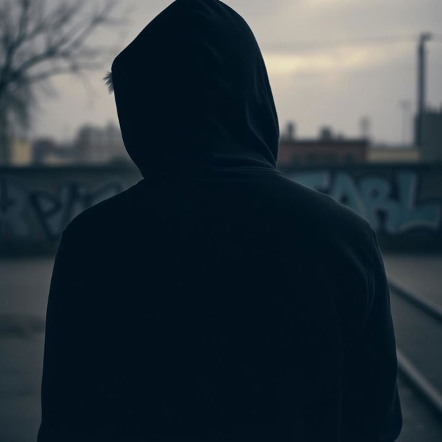 A person wearing a black hoodie, facing away from the camera, with their head turned slightly to the side to obscure their face