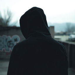 A person wearing a black hoodie, facing away from the camera, with their head turned slightly to the side to obscure their face