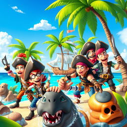 A dynamic scene featuring a diverse group of pirates from a vibrant and animated world, showcasing their signature outfits, adventurous spirit, and distinctive hairstyles