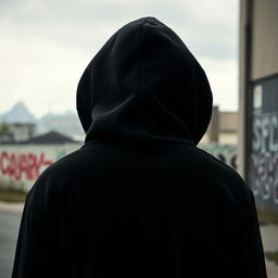 A person wearing a black hoodie, facing away from the camera, with their head turned slightly to the side to obscure their face