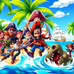 A dynamic scene featuring a diverse group of pirates from a vibrant and animated world, showcasing their signature outfits, adventurous spirit, and distinctive hairstyles