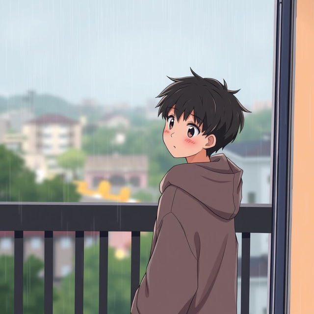 A shy, quiet 16-year-old boy standing on a balcony during a rain shower, with a subtle blush on his cheeks