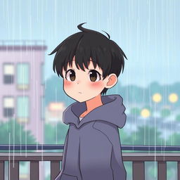 A shy, quiet 16-year-old boy standing on a balcony during a rain shower, with a subtle blush on his cheeks