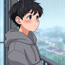 A shy, quiet 16-year-old boy standing on a balcony during a rain shower, with a subtle blush on his cheeks