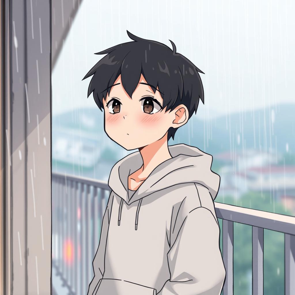 A shy, quiet 16-year-old boy standing on a balcony during a rain shower, with a subtle blush on his cheeks