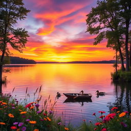 A picturesque sunset over a serene lake, with vibrant colors in the sky ranging from deep orange to soft purple