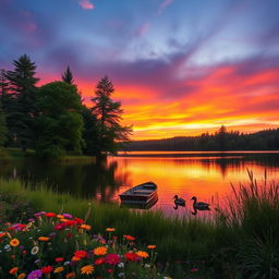 A picturesque sunset over a serene lake, with vibrant colors in the sky ranging from deep orange to soft purple