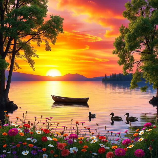 A picturesque sunset over a serene lake, with vibrant colors in the sky ranging from deep orange to soft purple