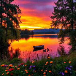 A picturesque sunset over a serene lake, with vibrant colors in the sky ranging from deep orange to soft purple