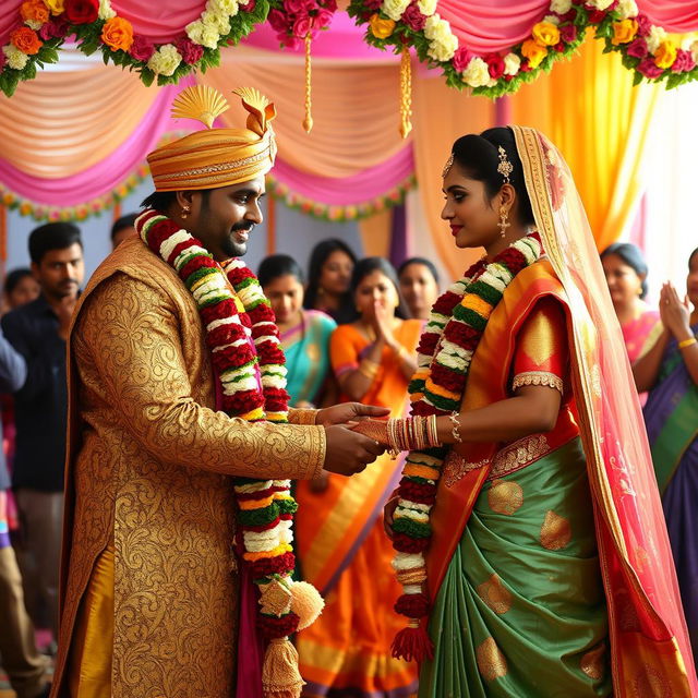 A traditional Indian wedding scene depicting Arjun and Dropadi exchanging garlands, surrounded by vibrant colors and intricate decorations