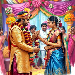 A traditional Indian wedding scene depicting Arjun and Dropadi exchanging garlands, surrounded by vibrant colors and intricate decorations