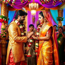 A traditional Indian wedding scene depicting Arjun and Dropadi exchanging garlands, surrounded by vibrant colors and intricate decorations