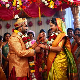 A traditional Indian wedding scene depicting Arjun and Dropadi exchanging garlands, surrounded by vibrant colors and intricate decorations