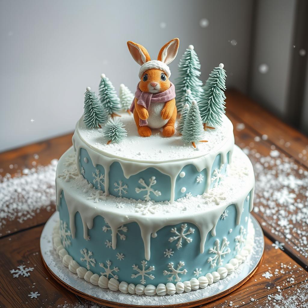 A beautifully designed birthday cake featuring a charming rabbit in a winter scene