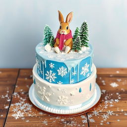 A beautifully designed birthday cake featuring a charming rabbit in a winter scene