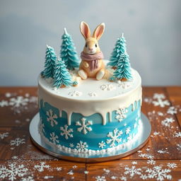 A beautifully designed birthday cake featuring a charming rabbit in a winter scene