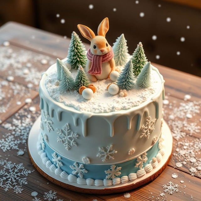 A beautifully designed birthday cake featuring a charming rabbit in a winter scene