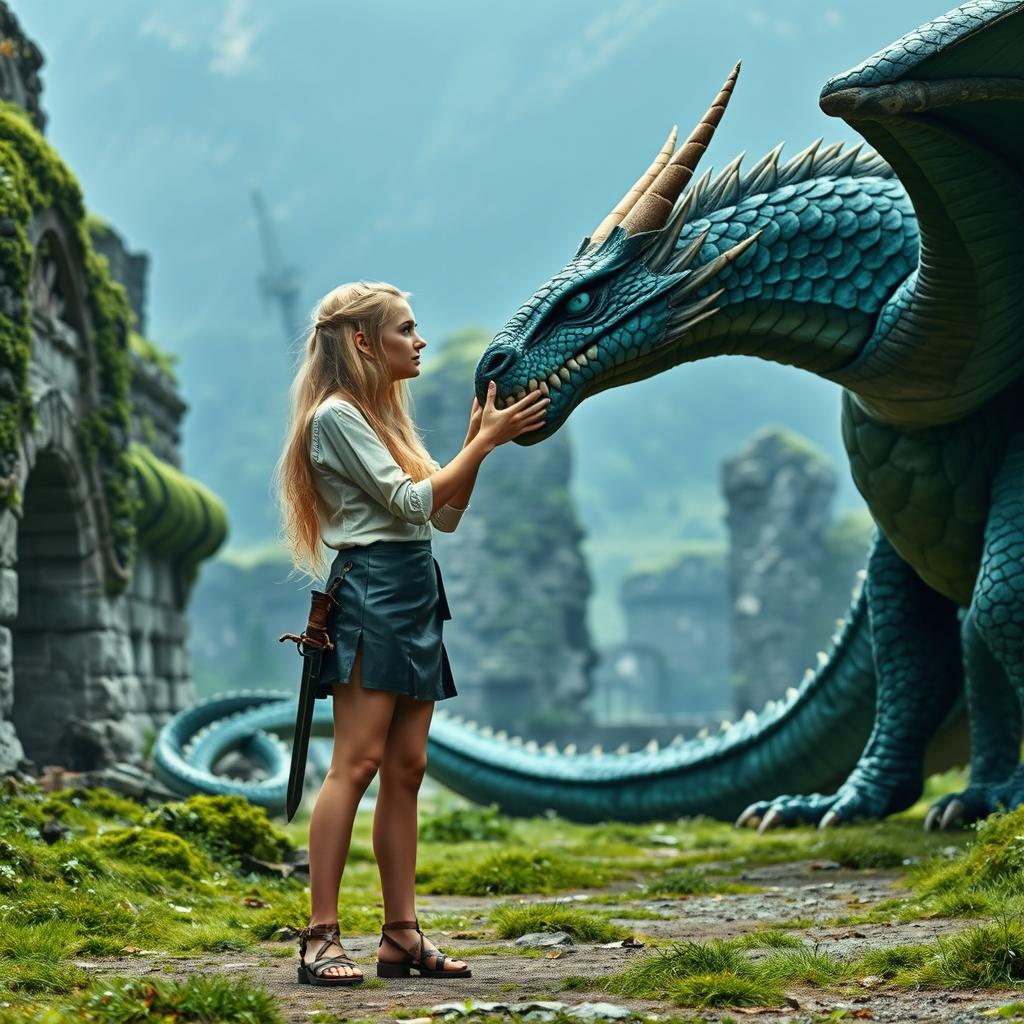 A captivating scene in a world of Ice and Fire, set in the eastern continent of Essos, featuring the ruins of the once-mighty city of Ny Sar, now overgrown with lush green moss and grass