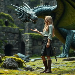 A captivating scene in a world of Ice and Fire, set in the eastern continent of Essos, featuring the ruins of the once-mighty city of Ny Sar, now overgrown with lush green moss and grass