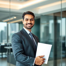 A confident man in a tailored suit holding an important document in his right hand, standing in a modern office setting with glass walls and a view of the city skyline through the window