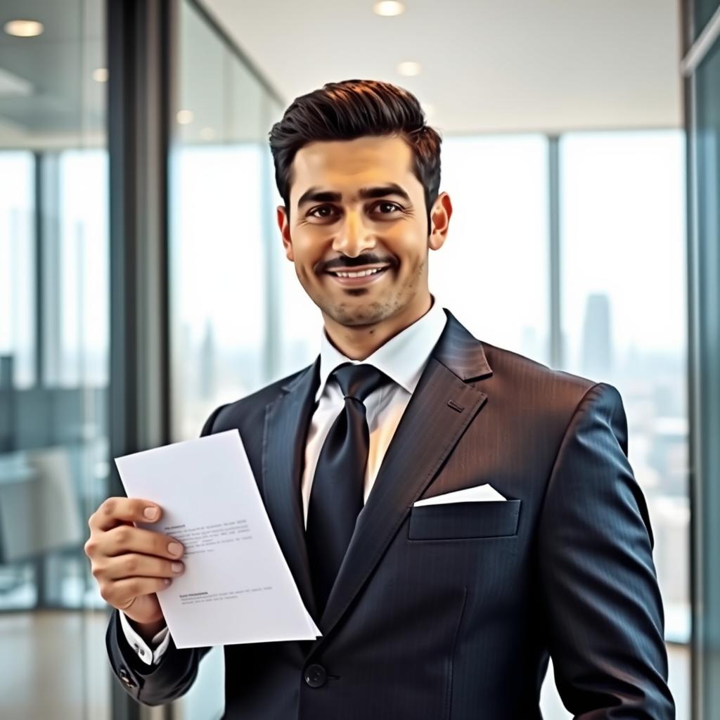 A confident man in a tailored suit holding an important document in his right hand, standing in a modern office setting with glass walls and a view of the city skyline through the window