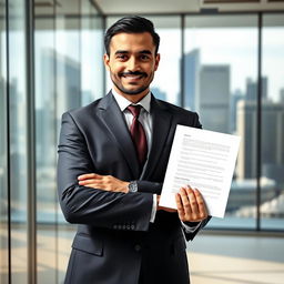A confident man in a tailored suit holding an important document in his right hand, standing in a modern office setting with glass walls and a view of the city skyline through the window