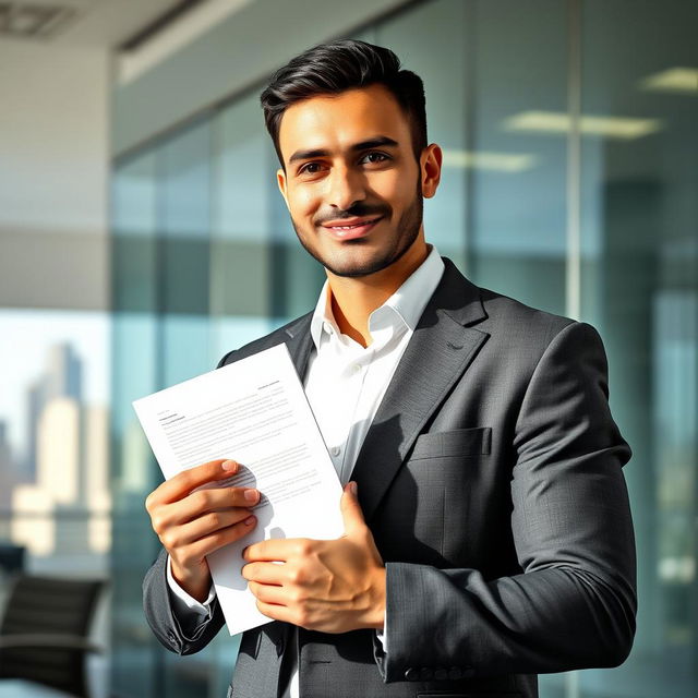 A confident man in a tailored suit holding an important document in his right hand, standing in a modern office setting with glass walls and a view of the city skyline through the window