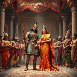 A dramatic scene from the Mahabharata depicting the marriage of Arjun and Dropadi