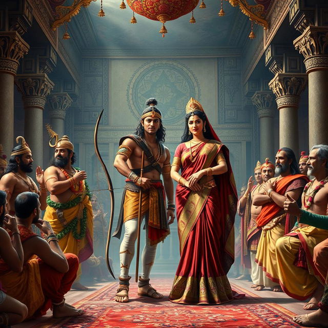 A dramatic scene from the Mahabharata depicting the marriage of Arjun and Dropadi