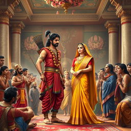 A dramatic scene from the Mahabharata depicting the marriage of Arjun and Dropadi